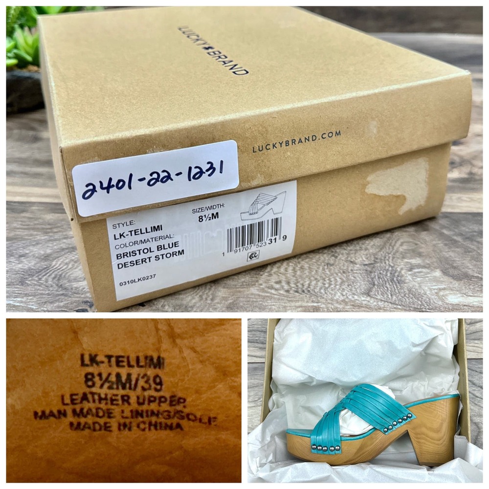 NIB Lucky Brand Tellimi 8.5M Platform Wedge Woven Leather Studded Sandals Blue - Picture 9 of 10